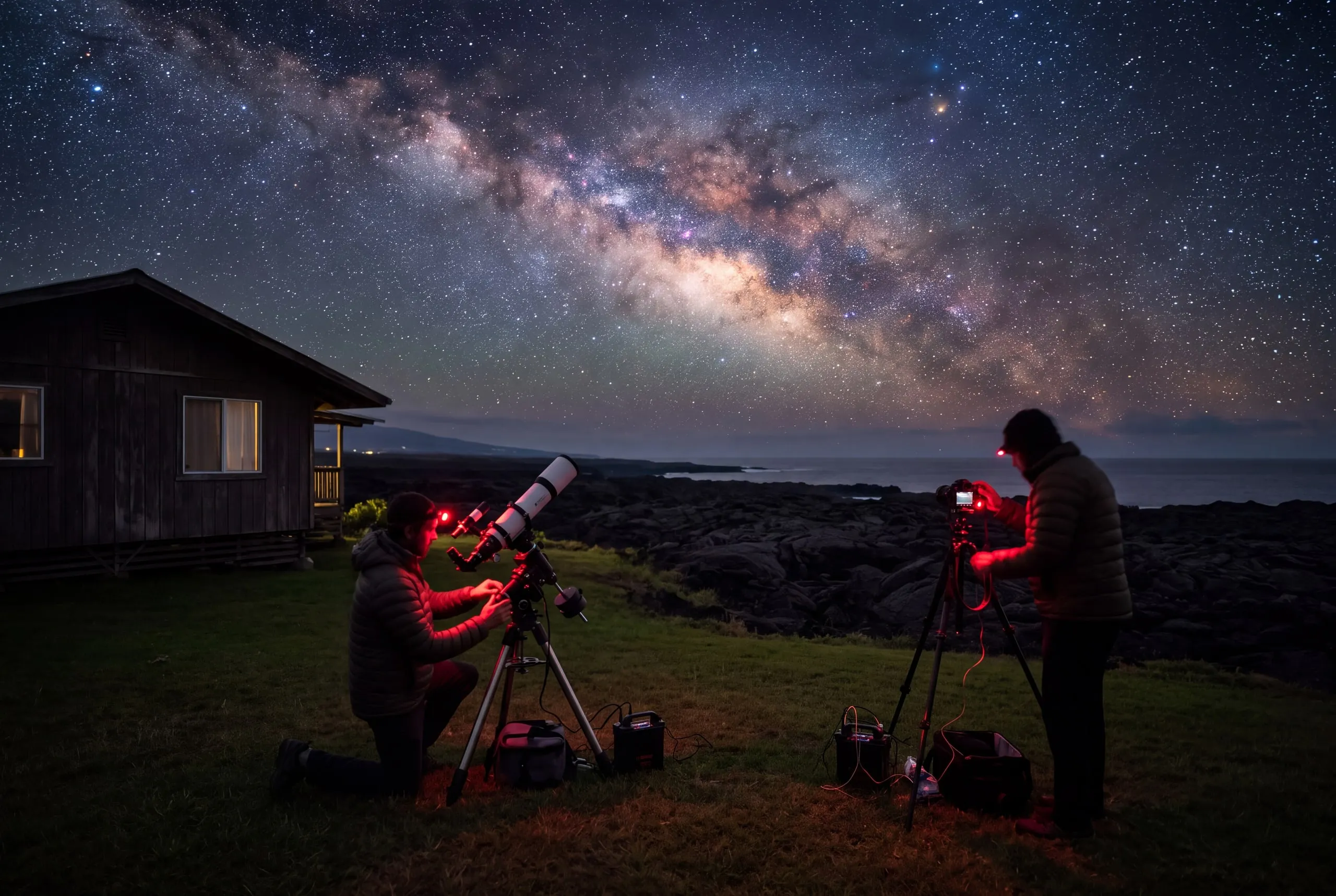 Two people with red headlamps setting up a small telescope and a camera on a lawn beside a wooden house at night, under the Milky Way.