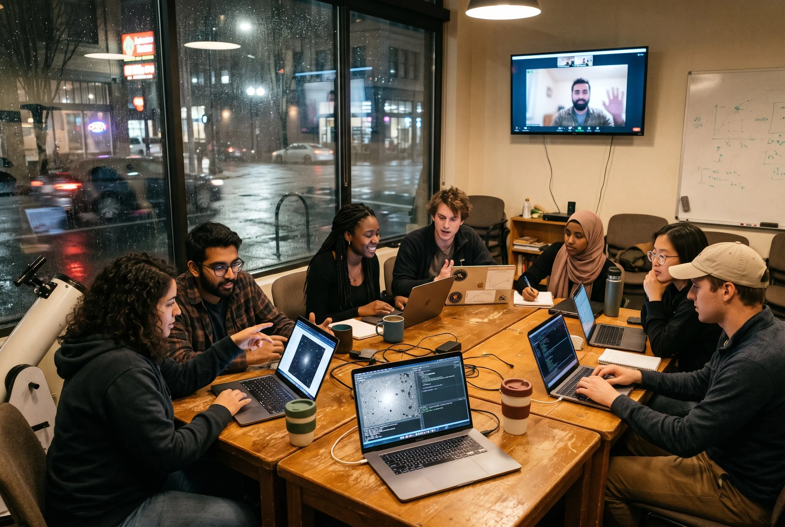 Eight people around a table with laptops showing star fields, in a room with rain on the window and a video call on a wall screen.