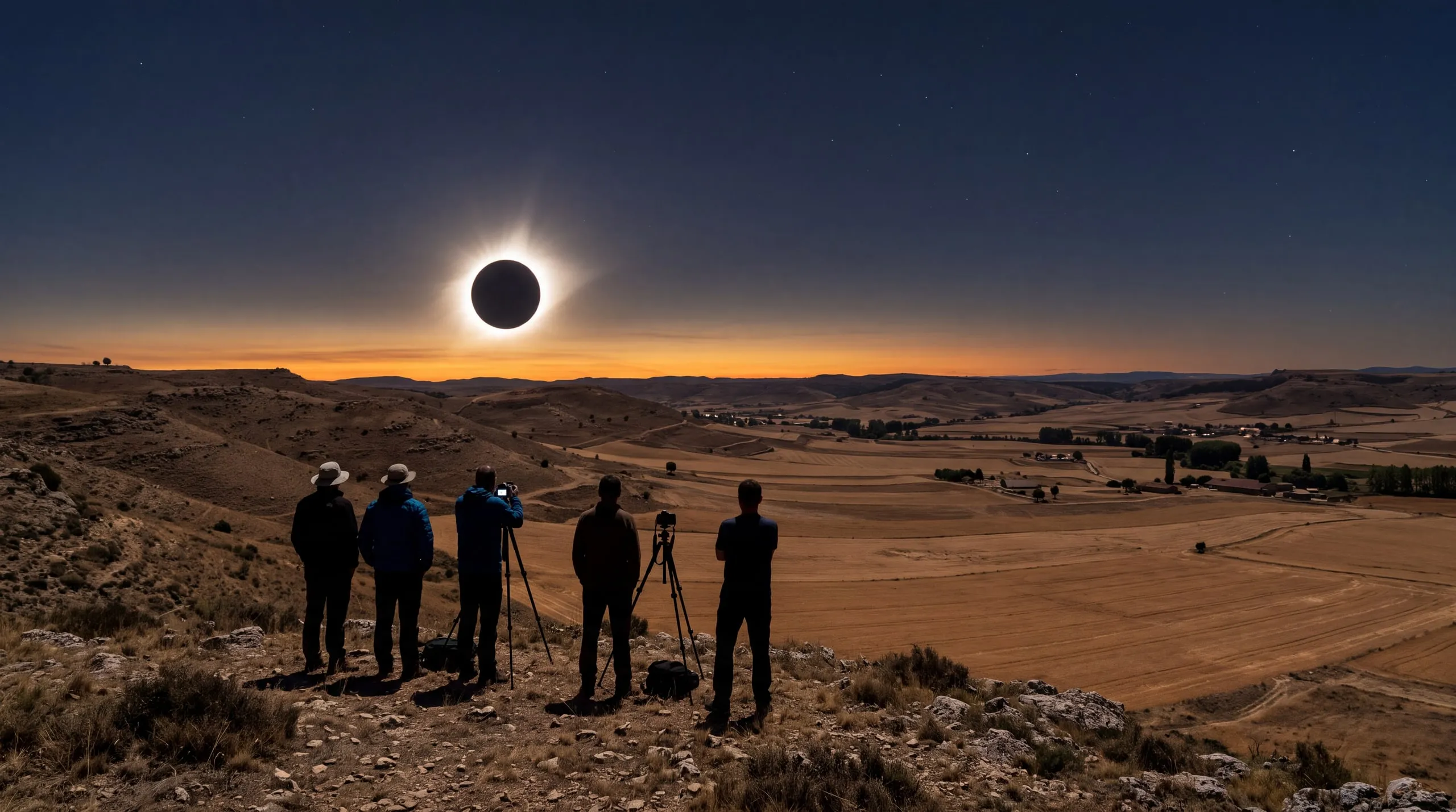 Five people in silhouette on a hillside watching a total solar eclipse low above dry fields at dusk.